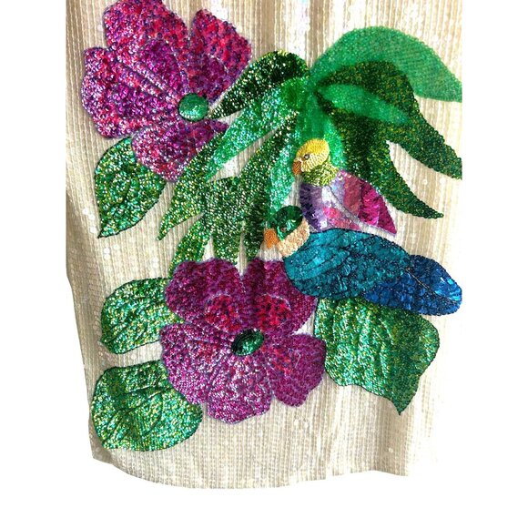 Vintage Sequin Floral & Bird Embellished Dress With Button Back Closure - Picture 4 of 8